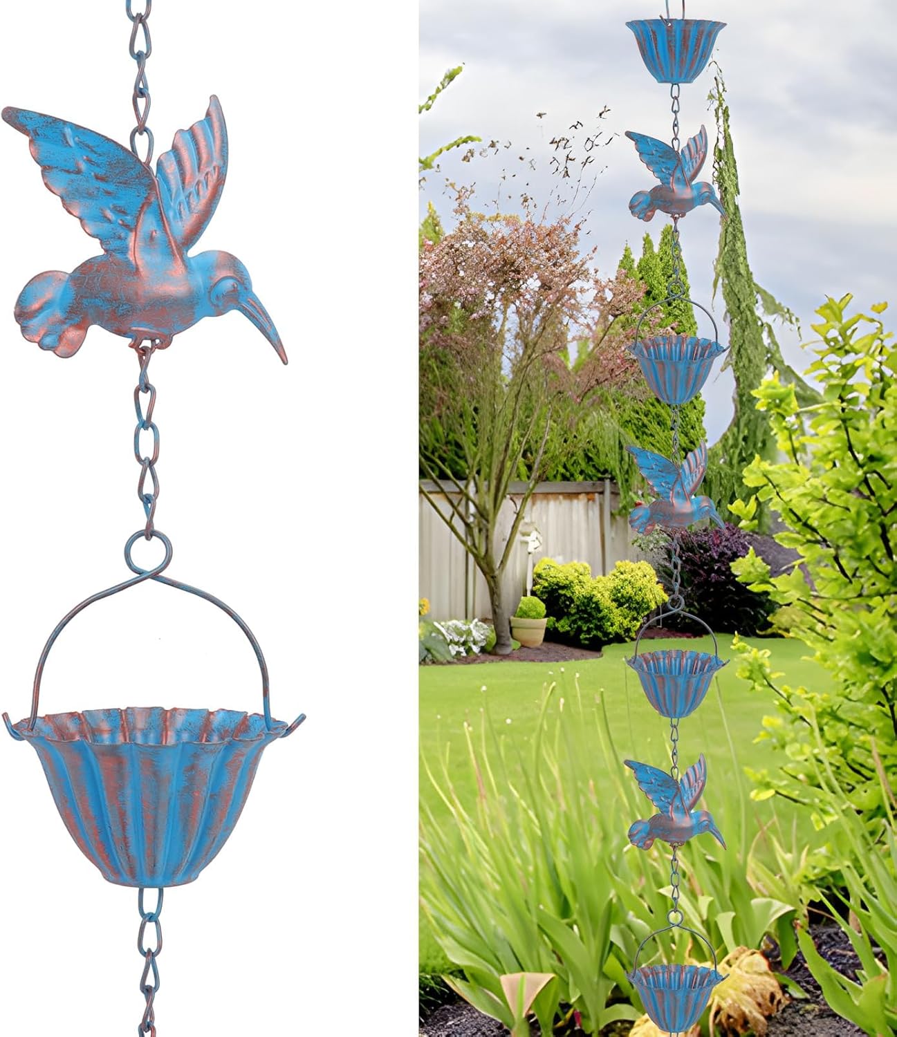 7.8FT Hummingbird Rain Chains for Outside with Bells, Adjustable Outdoor Bird Raincatcher, Garden Decor, Rust Resistant Rain Drain Chain, Wind Chimes