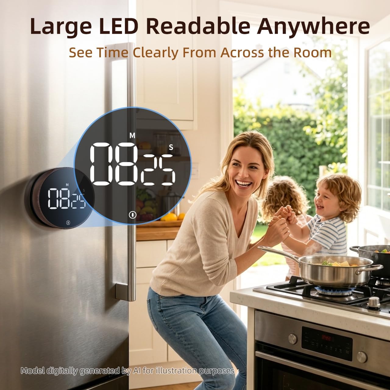 Digital Magnetic Kitchen Timer & Stopwatch with LED Display, Woodgrain image 3