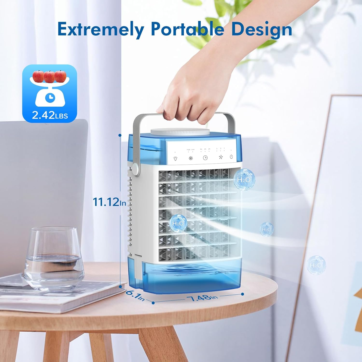 Portable Desk Fan,11 Inch Misting fan, 2 Mist mode, 3 Speed Mini USB Table Fan, with Timing Function,7 Color Night Light, Dual Water Tank, Cooling fan for Bedroom, Office, Camping-Blue