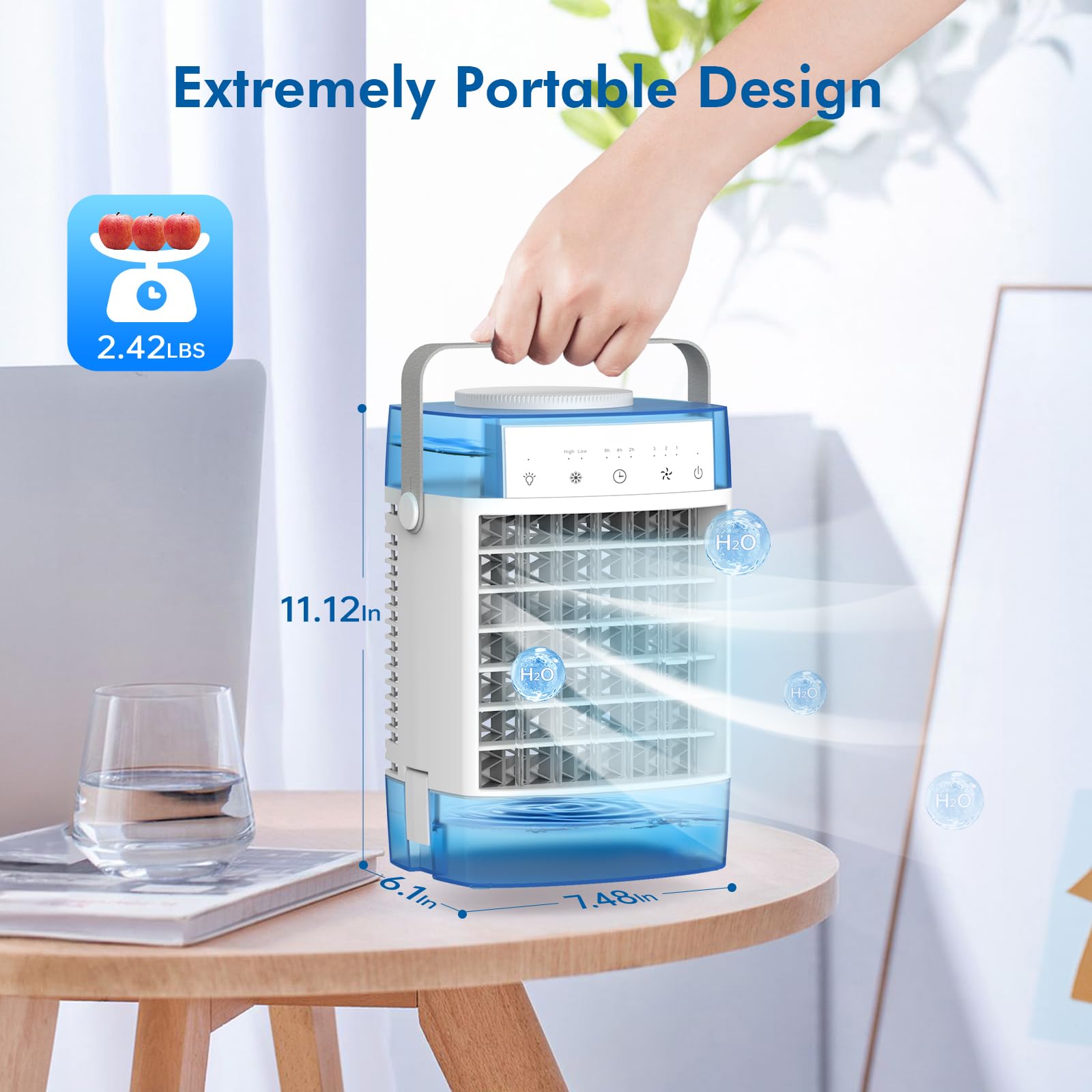 Ventilador de escritorio portátil, ventilador de nebulización de 11 pulgadas, 2 modos de niebla, mini ventilador de mesa USB de 3 velocidades, con función de temporizador, luz nocturna de 7 3