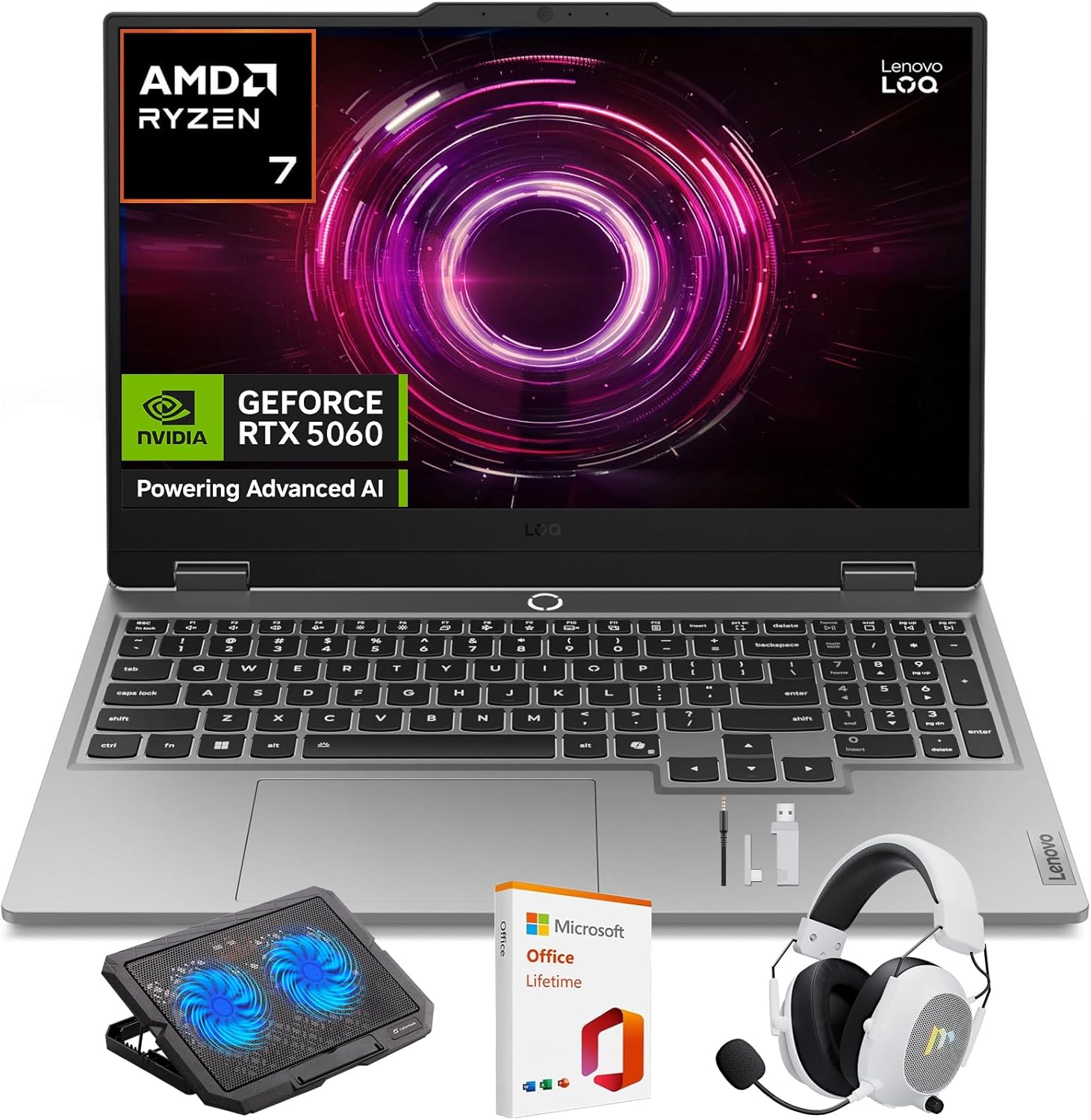Lenovo LOQ Gaming Laptop, 15.6″ FHD 144Hz Display, AMD Ryzen 7 250, NVIDIA GeForce RTX 5060, 16GB RAM, 512GB SSD, Wi-Fi 6, Backlit Keyboard, Win 11 Home, Luna Grey, w/Mytrix Accessory Lifetime Office