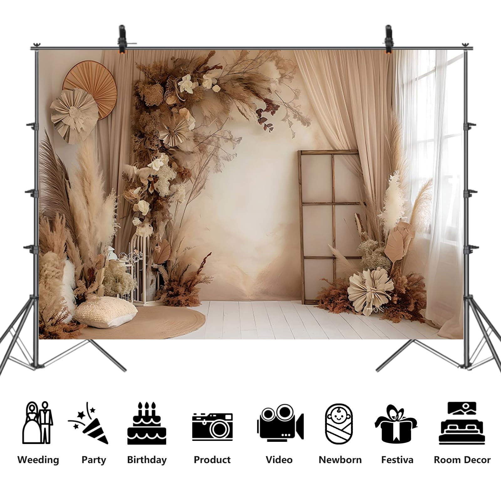 APROPHIC Tło fotograficzne w stylu boho, 2,1 x 1,5 m, tło retro z trawą pampasową, tło fotograficzne, nadaje się na wesela, urodziny, ściany fotograficzne, tła portretowe, tło fotograficzne, brązowe