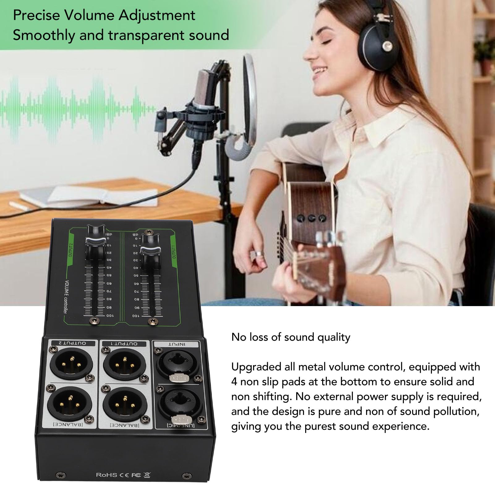 Controller di Volume Passivo Stereo XLR 2 Ingressi 4 Uscite, Fader 70 mm Alta Precisione, Audio HiFi
