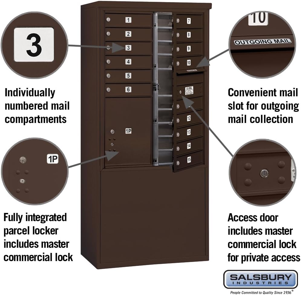Salsbury Industries 3911D-15ZFP Double Column, 15 MB1 Doors, 1 PL5, Private Access Free Standing Horizontal 4C Mailbox, Bronze