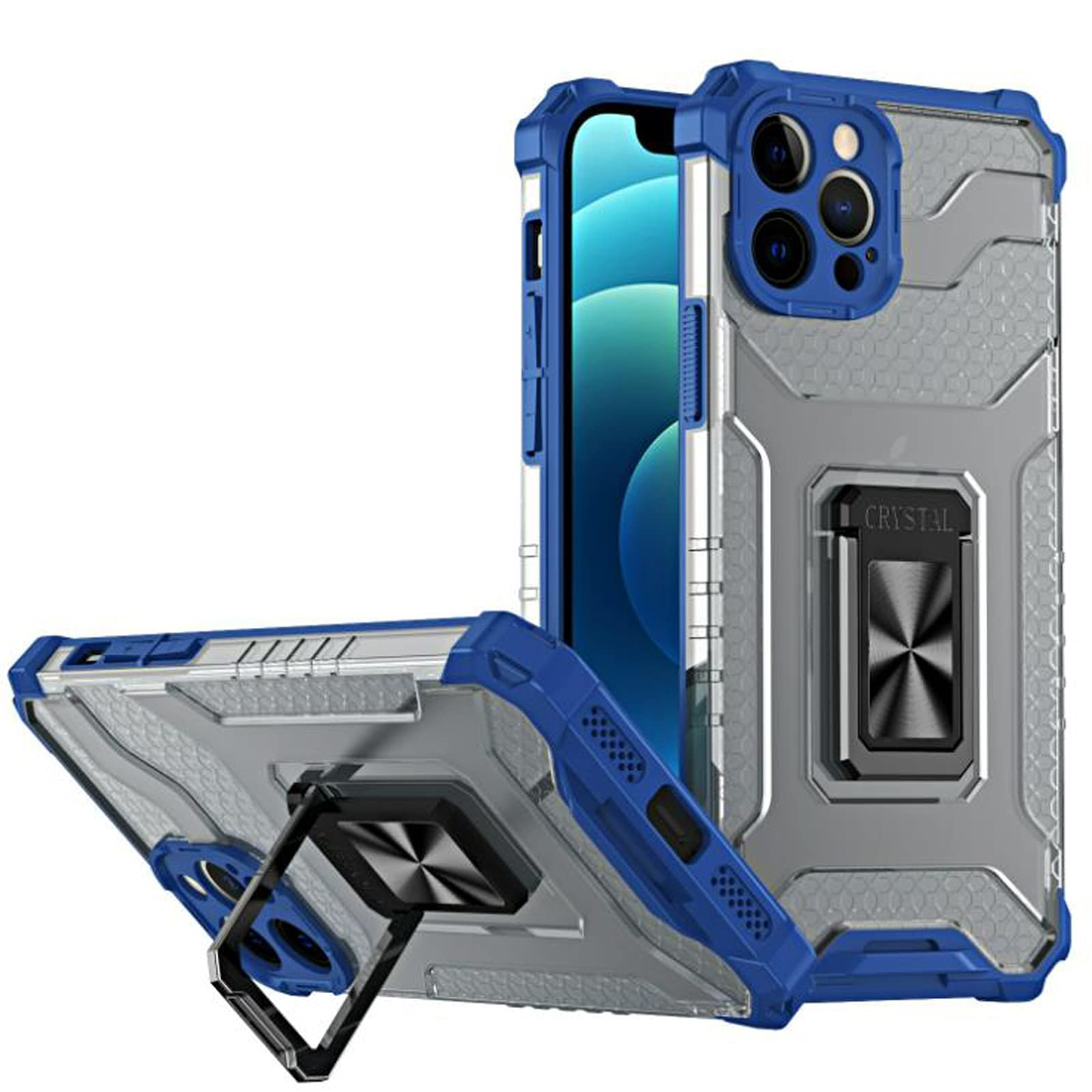 Suitable for iPhone 13 Mobile Phone Case-Cool Mech-Car Magnetic Absorption-Shock Absorption and Drop-Ring Bracket-Honeycomb Heat Dissipation-Lens Protection-Compatible with iPhone 13 Case (Blue)