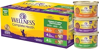 Wellness Complete Health Grain-Free Pate Wet Cat Food Variety Pack, Chicken & Turkey, 12x3oz Cans - Natural Protein-Rich
