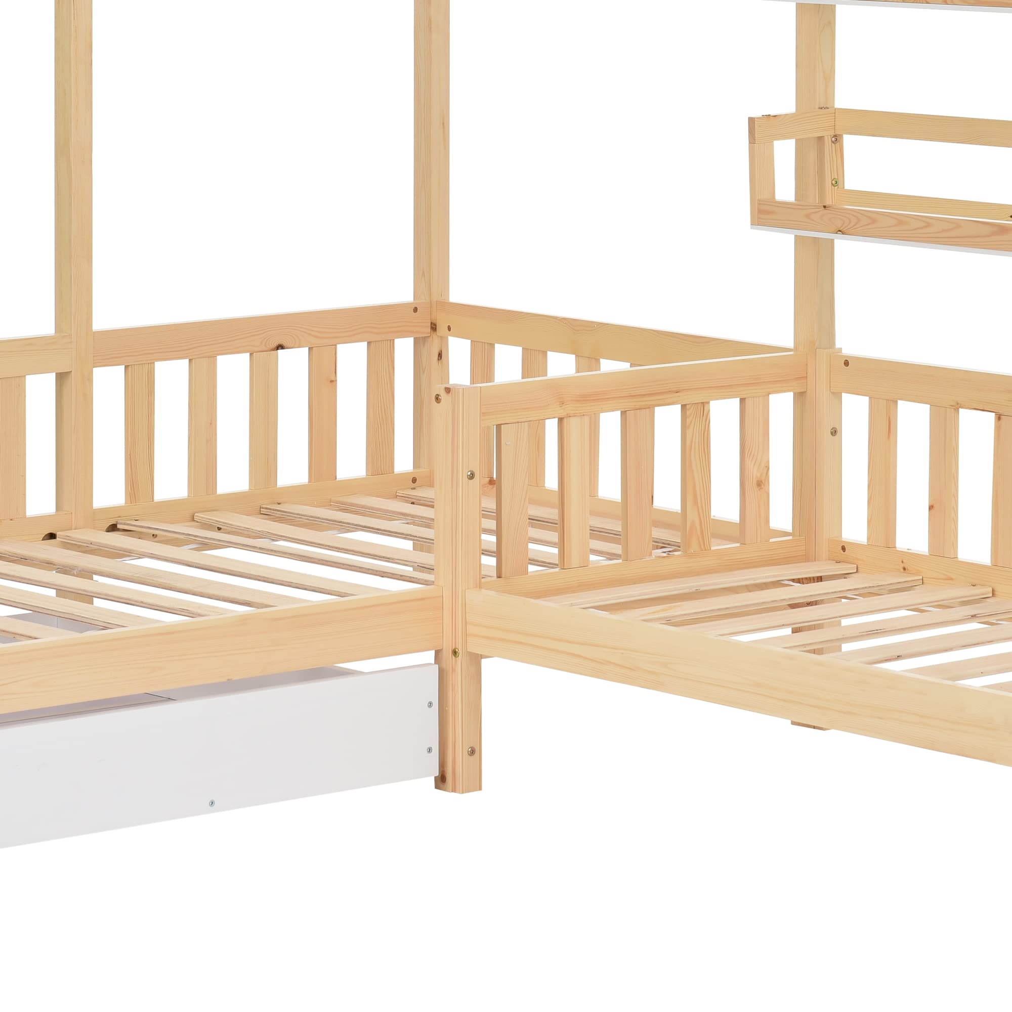 Letto a Forma di Casa per 2 Bambini 90x200 cm E 140x70 cm, Letto Matrimoniale con Cassetti e Ripiani, Legno Massello con Rete e doghe, Struttura a L, per Ragazzi e Ragazze, Naturale
