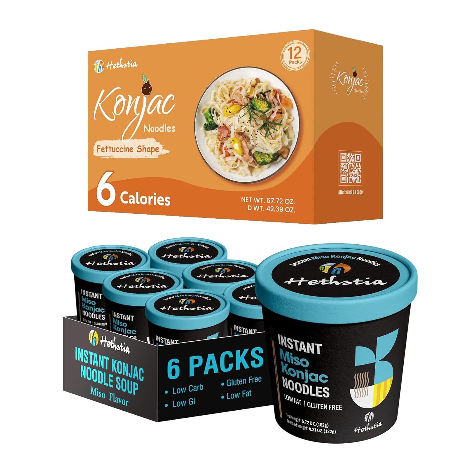 Hethstia Konjac Noodles Miso Soup Cups, 6 Packs & Konjac Fettuccine, 12 Packs - Low Carb Shirataki Pasta with Savory Japanese Miso Broth, Gluten-Free, Vegan, Ready-to-Eat Healthy Meals