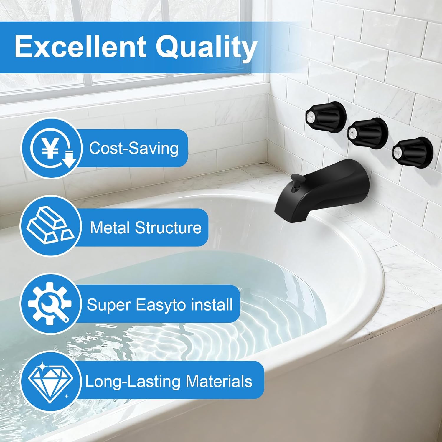Coolfell Tub Shower Trim Kit, Matte Black Shower Knob 3 Piece and Bath Tub Spout, Compatible with Price/Pfister Verve and 3 Handle Tub Shower, Bathtub Spout for 1/2" Copper, 1/2" IPS and 3/4" IPS