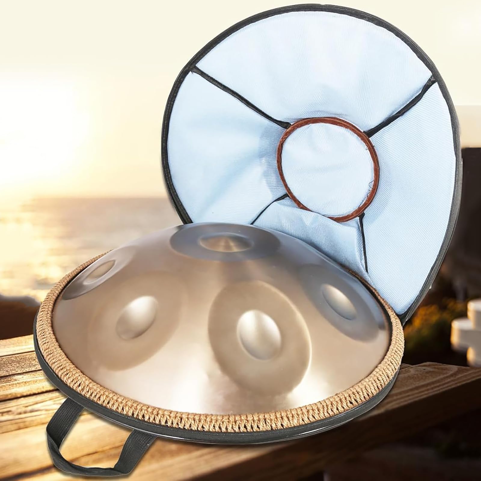 Handpan in re minore, Tamburo a Mano da 22 Pollici, 9 Note, 440 Hz, Tamburo a Lingua in Acciaio Dorato, per Meditazione Yoga con Bacchette da Borsa, Supporto per Batteria, Stracci, Adesivi
