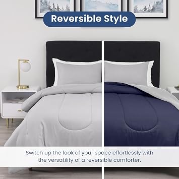 Martex 2-Piece Reversible Comforter Set Twin Comforter Set Versatile Room Decor Lightweight Durable Bedding Set Machine Washable Super Soft Light Grey/Navy