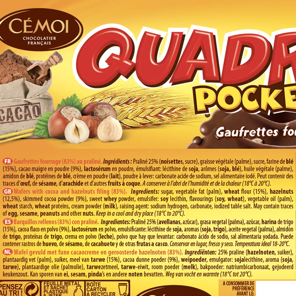 Cémoi – Estuche Quadro Pocket relleno chocolate bombones 9 gofres envueltos individualmente, fabricado en Francia, 8 unidades (187 g x 8)