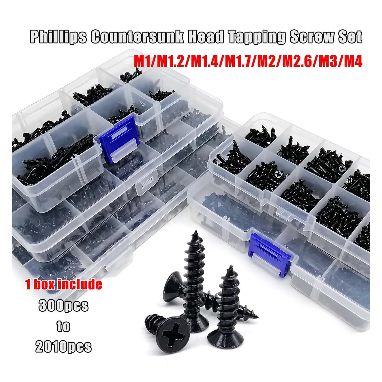 Kit Mini Vis à Bois M1-M4 Autotaraudeuses Tête Fraisée Plate 500pcs(Set D 2010pcs)