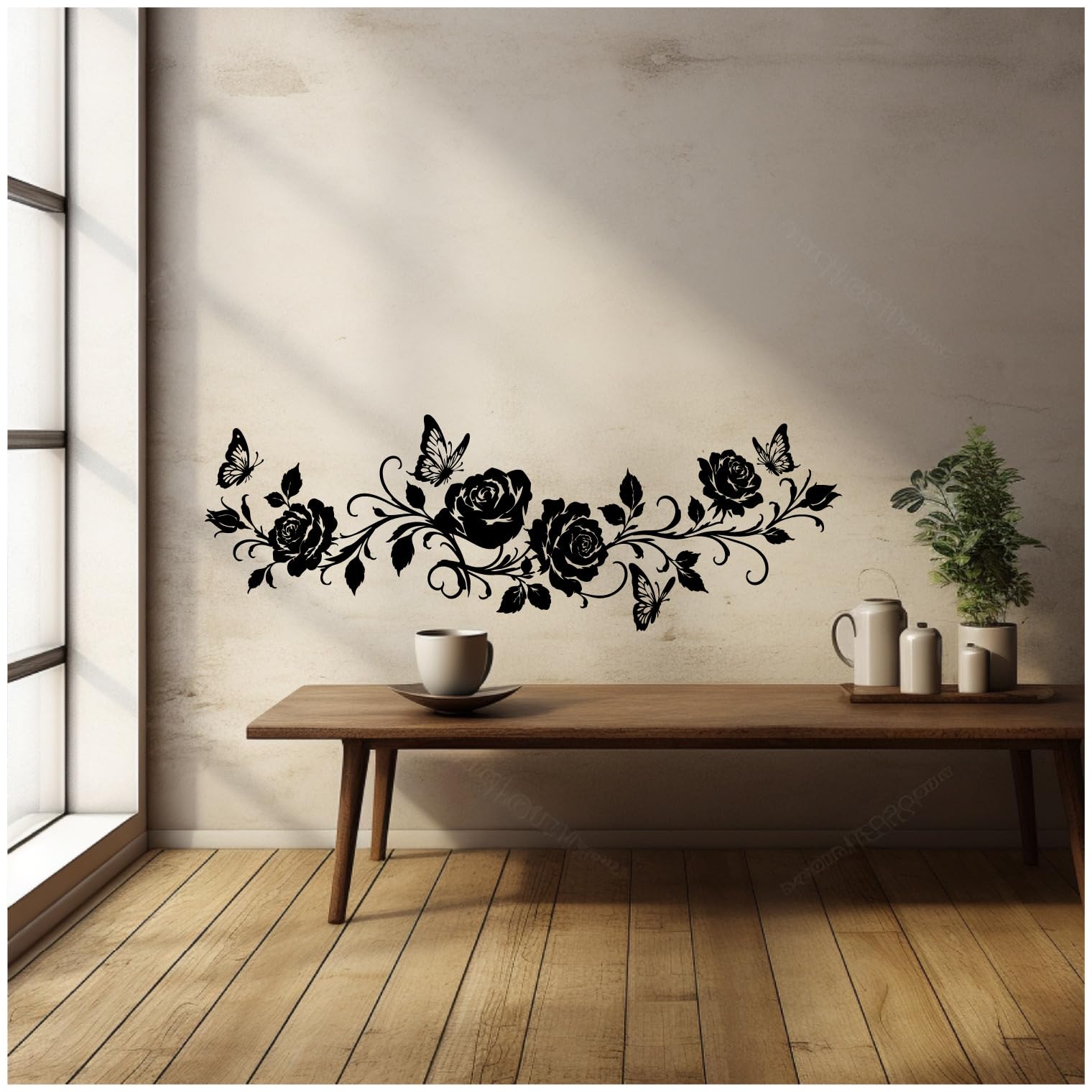Samunshi® Wandtattoo Rosen Blumenranke länglich mit Schmetterlingen Elegante Blumen Wanddekoration Florales Wandmotiv für Wohnzimmer, Schlafzimmer, Flur und Küche braun 150 x 51cm