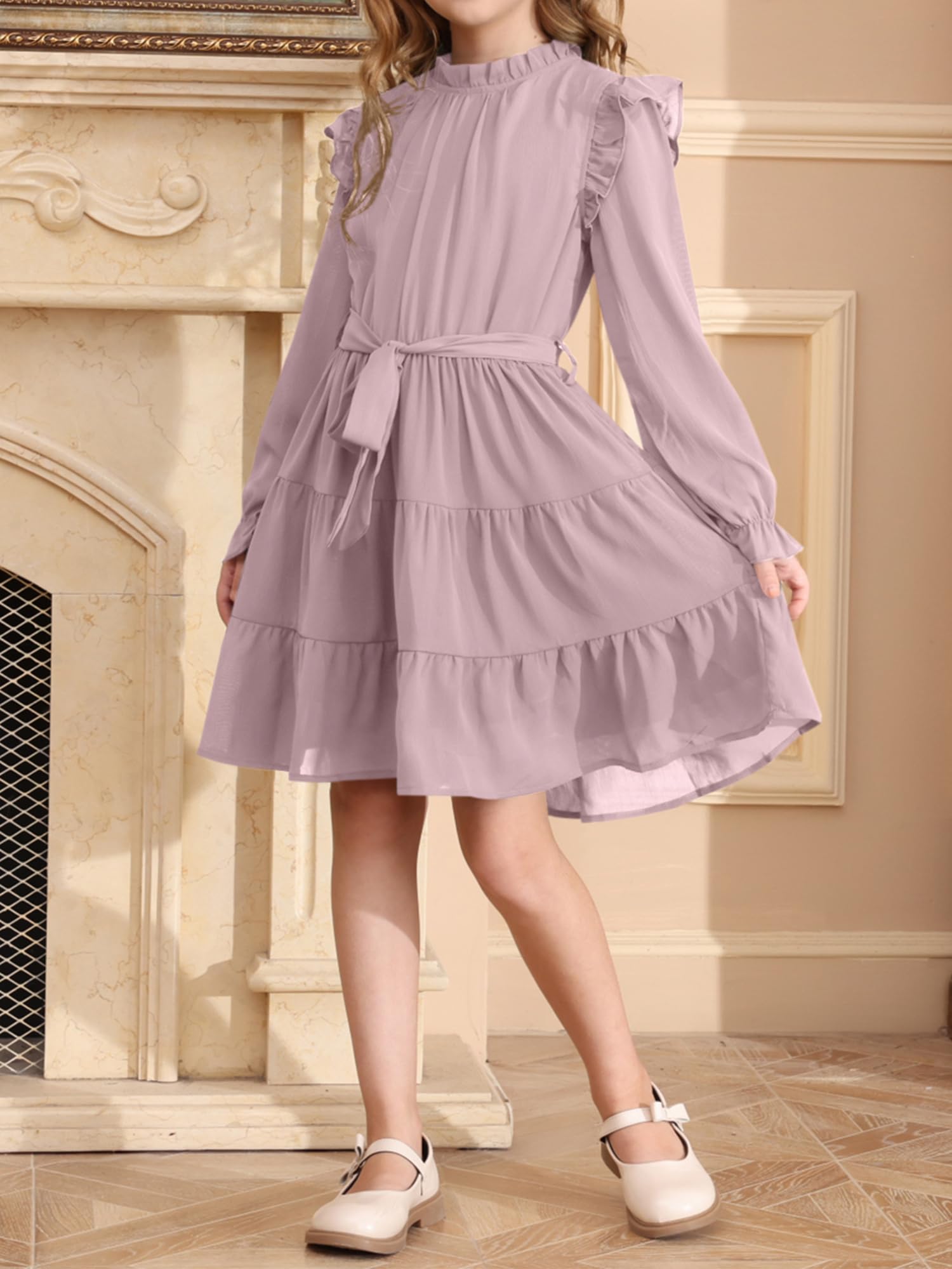 blibean Vestidos de otoño de manga larga para niñas, estilo casual, con volantes, con cinturón, talla 4-15 años