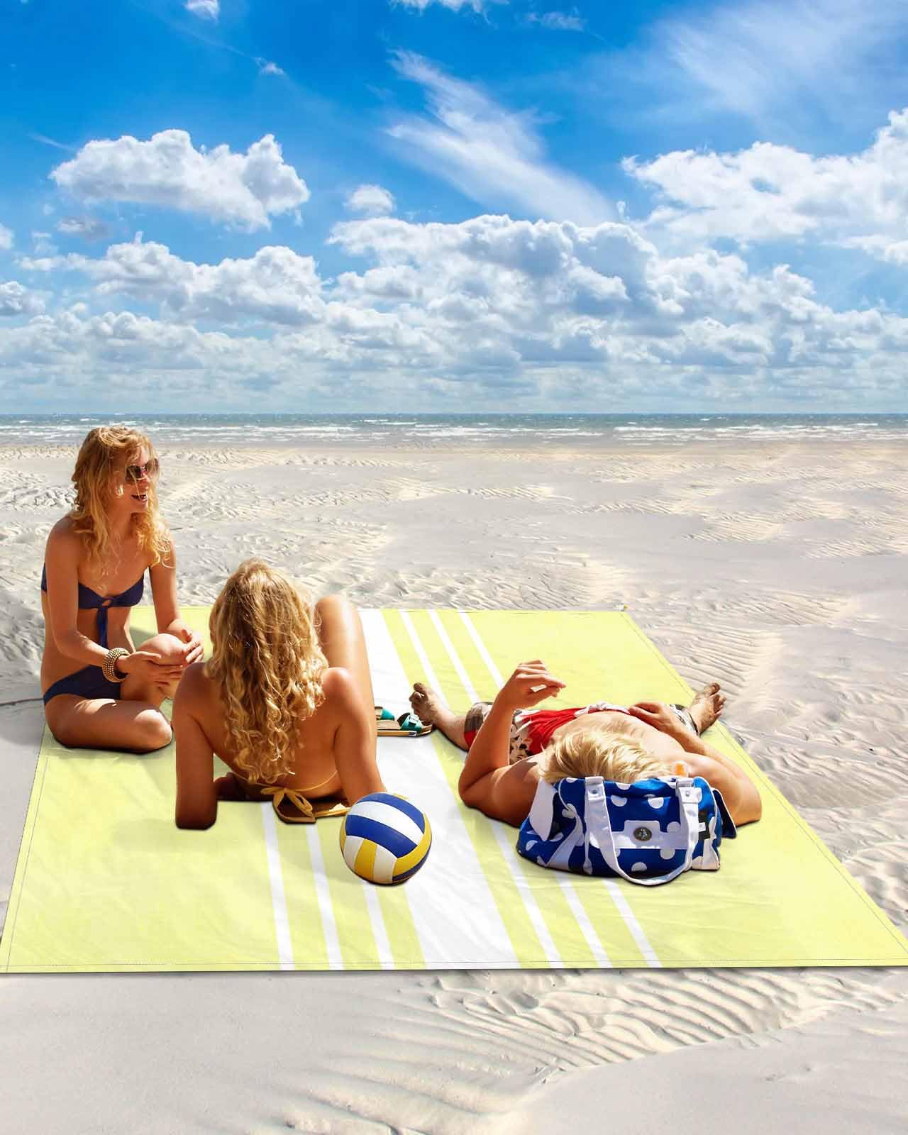 Yellow White Beach Blanket Large with Stakes Waterproof Sandproof,Modern Striped Monochrome Geometric Simple Foldable Beach Mat with Corner Pockets for Outdoor Travel Camping Hiking Picnic 84