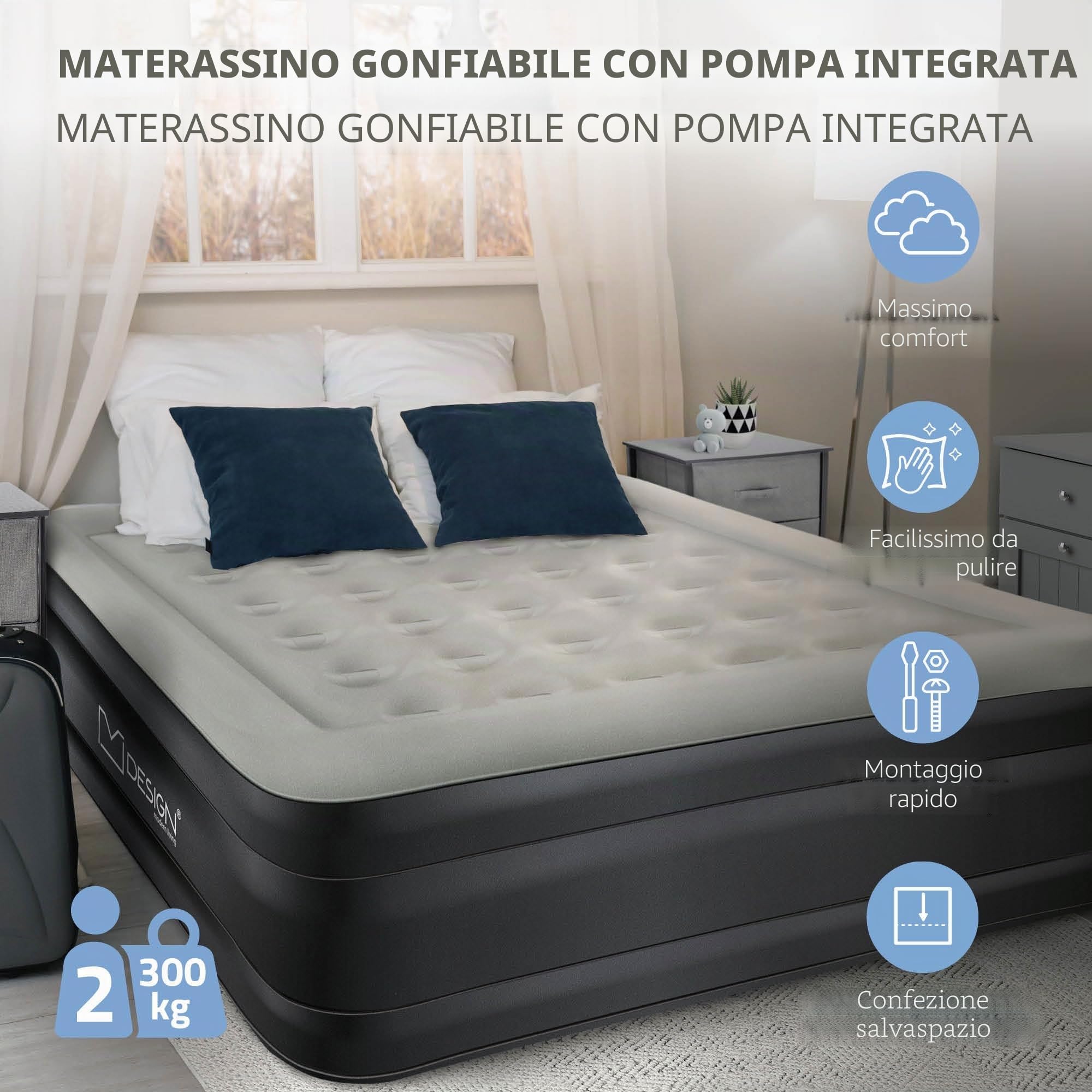 ML-Design Materasso Doppio Gonfiabile per 2 Persone 203x157x47 cm Letto ad Aria Autogonfiante con Pompa ad Aria Elettrica Inclusa Lettino da Campeggio Viaggio con Borsa di Trasporto Certificato TÜV