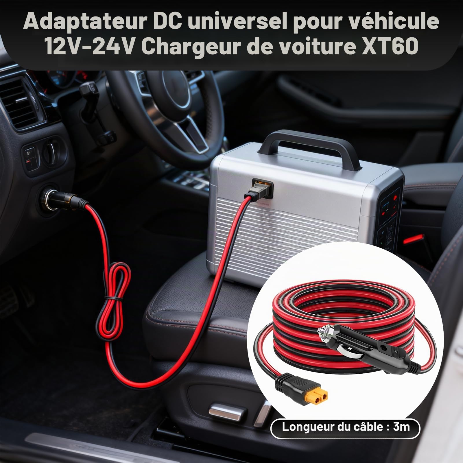 Câble allume-cigare 12 V/24 V vers XT60, adaptateur CC XT60 de 3 m, 16 AWG, chargeur de voiture pour BLUETTI Power Station EB55/AC2A/AC70, Anker 757/767, SOLIX C200 C300, générateur solaire Ecoflow
