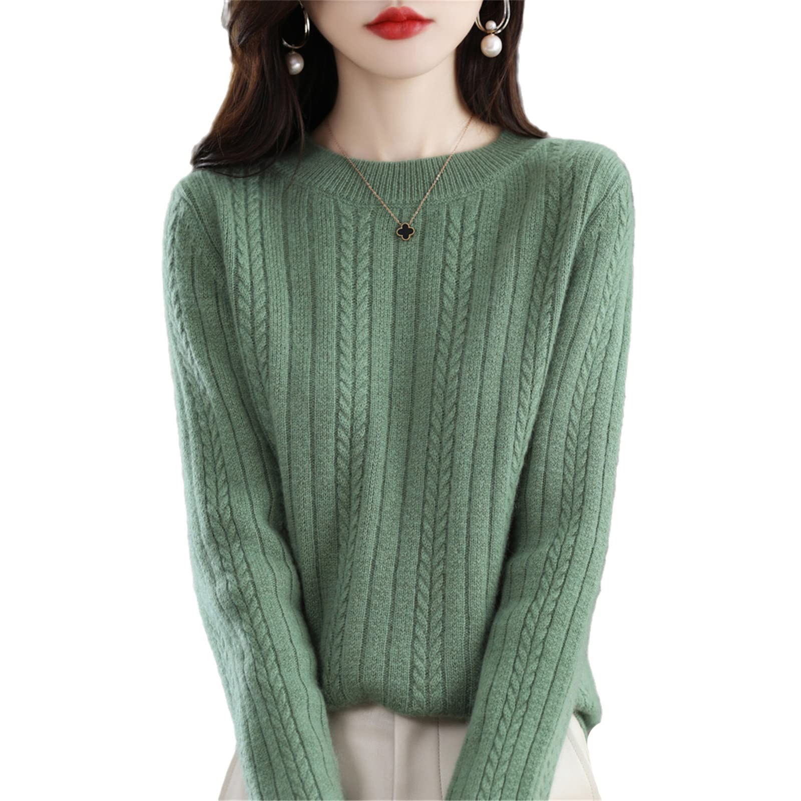Suéter de cachemira para mujer, cuello redondo, suéter de otoño e invierno, nudo superior, suéter de lana engrosada, Verde mostaza, XXL