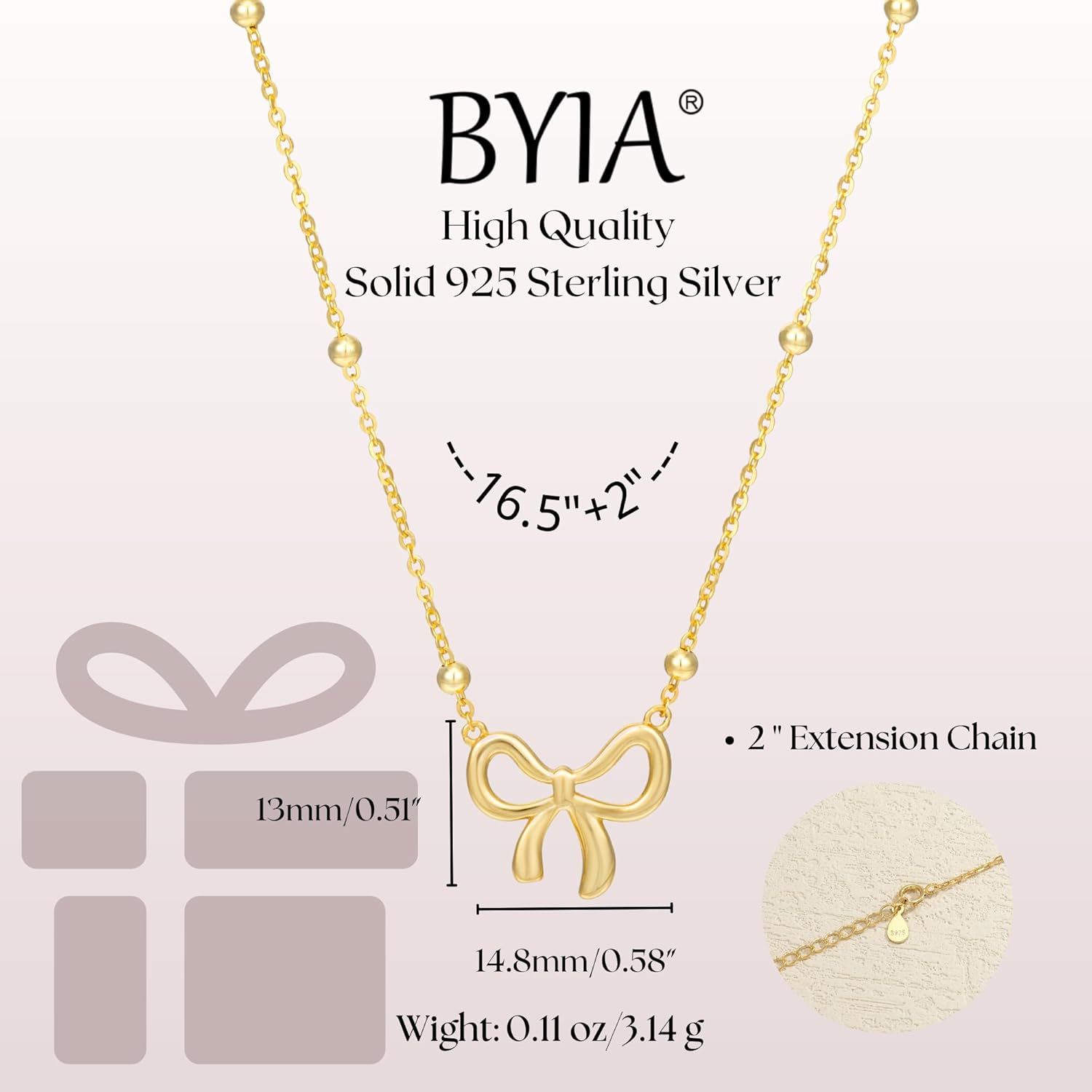 925 Sterling Silver Necklace Elegant Bow Pendant Necklaces for Women 14K Gold Plated Choker Bead Chain Jewelry Gift Non Tarnish - Image 7