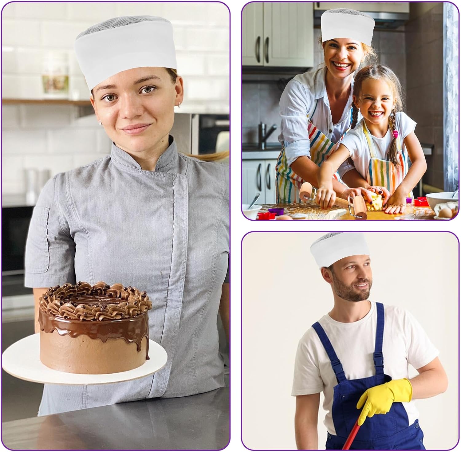 Mesh Chef Hats Chef Beanie Adjustable White Unisex Chef Hats Beanie Flat Catering Hat Adjustable Kitchen Cooking Caps with Breathable Mesh Top Kitchen Cooking Food Service Cap for Adults Women Men - Image 6