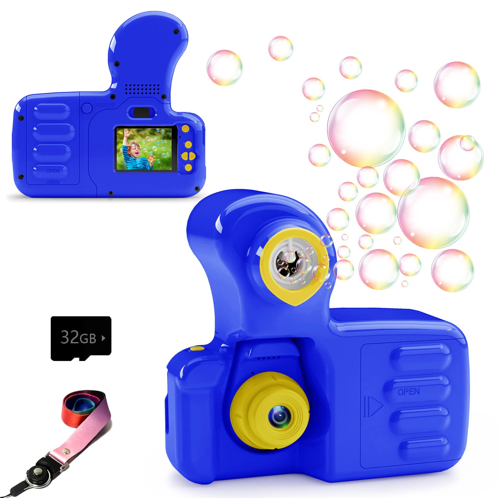Kids Camera Christmas Birthday Toys for Boys Girls Age 3 4 5 6 7 8 Year Old Toddler HD Digital Video Camera Include Fun Bubble Machine with 32GB SD Card (Navy Blue)
