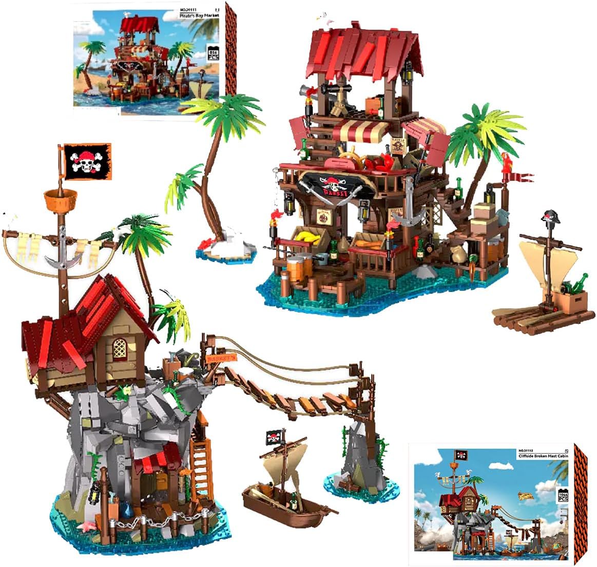 Viking Medieval Pirate's Bay Market Ship Wharf Building Set House Building Block，Medieval Pirate Ship Architecture Bricks Kit,Gift for Women or Adult 1045&856pcs