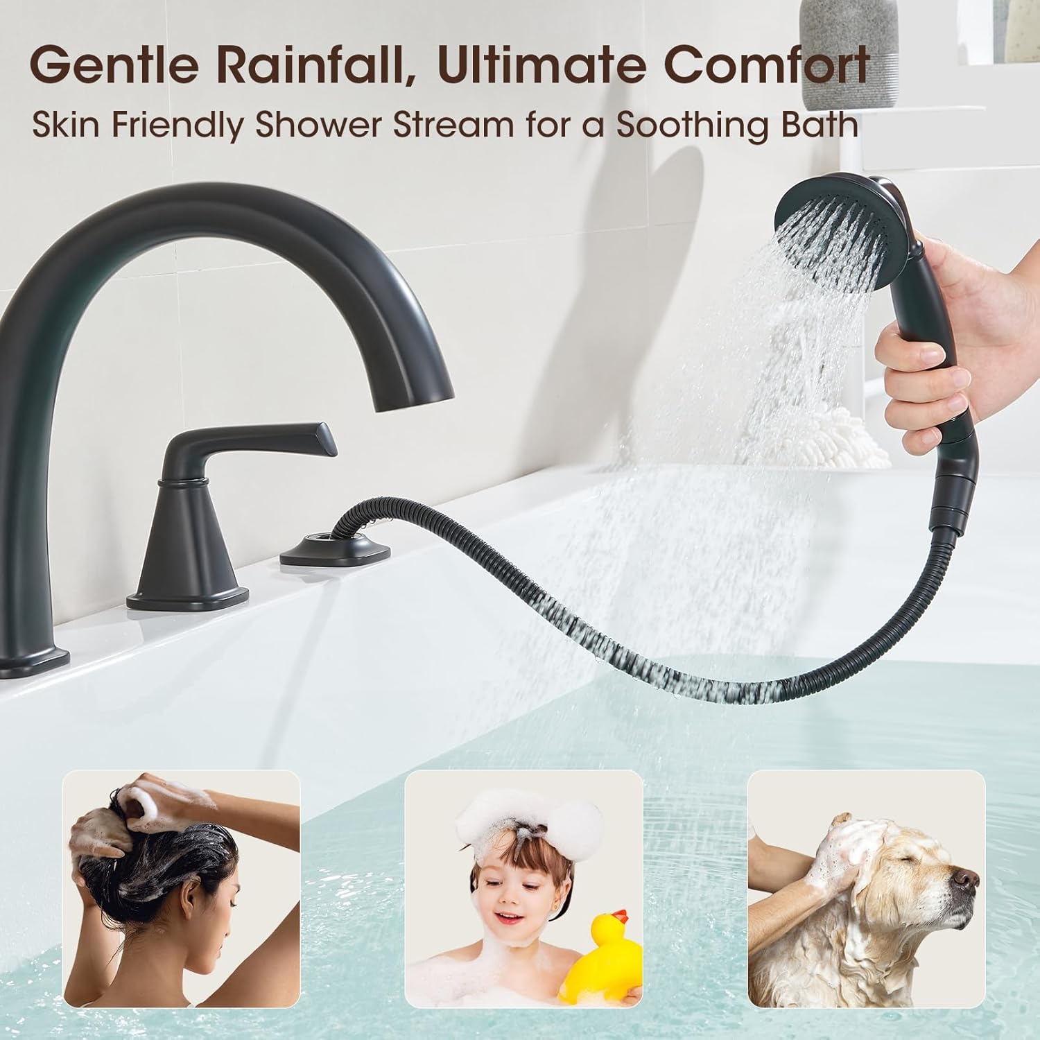 New Roman Tub Faucet with Sprayer, Bathtub Faucet Set Deck Mount, Brass 4 Hole Bath Tub Faucet Set High Flow, with 2 Handle with Valve Diverter with Hoses, 18-24in Widespread Classic Matte Black