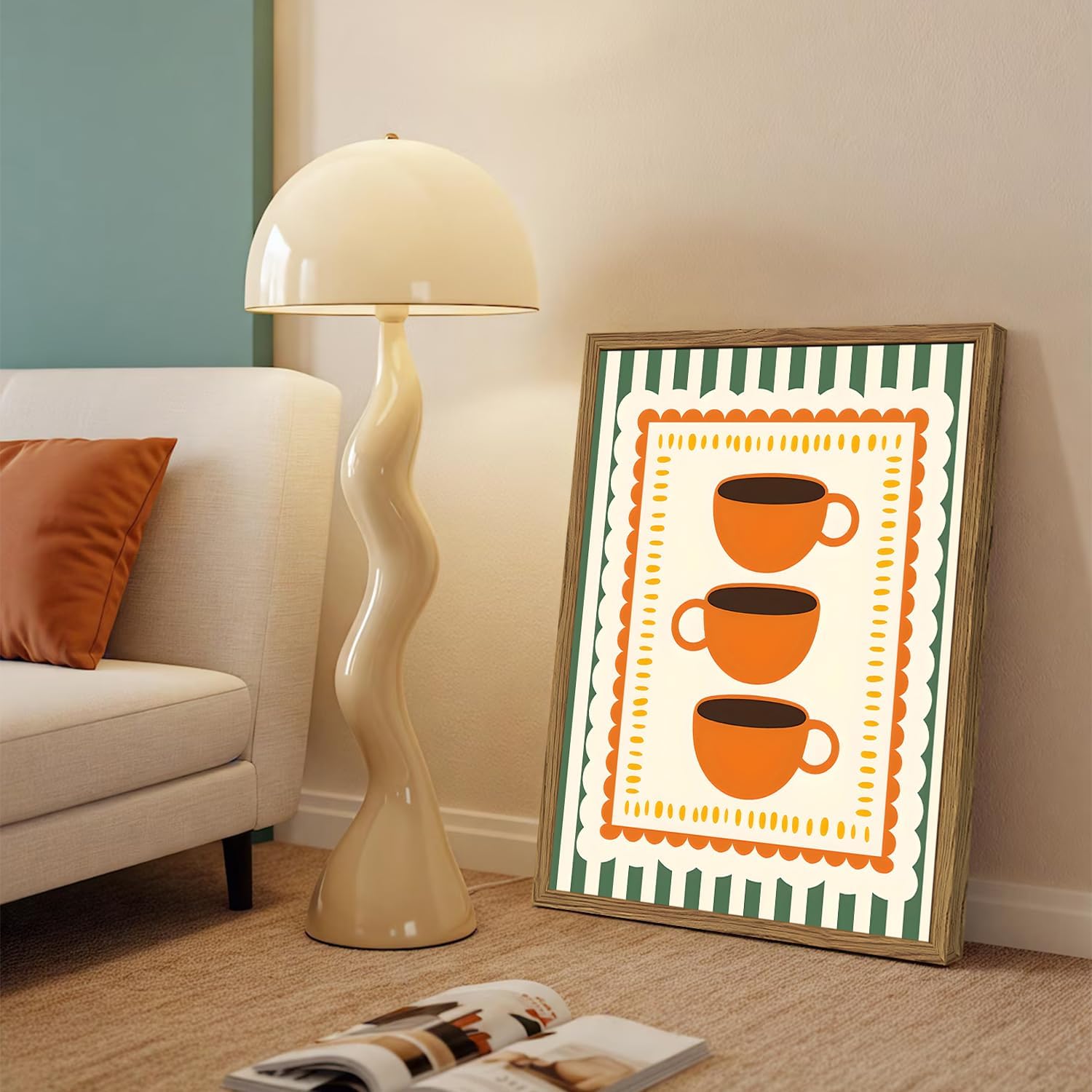 Cute Coffee Bar Wall Art Vintage Orange Cups Kitchen Wall Decor Picture Trendy Green Striped Cafe Poster Canvas Painting Prints for Living Dining Room Bedroom 12x16 inch Wood Framed