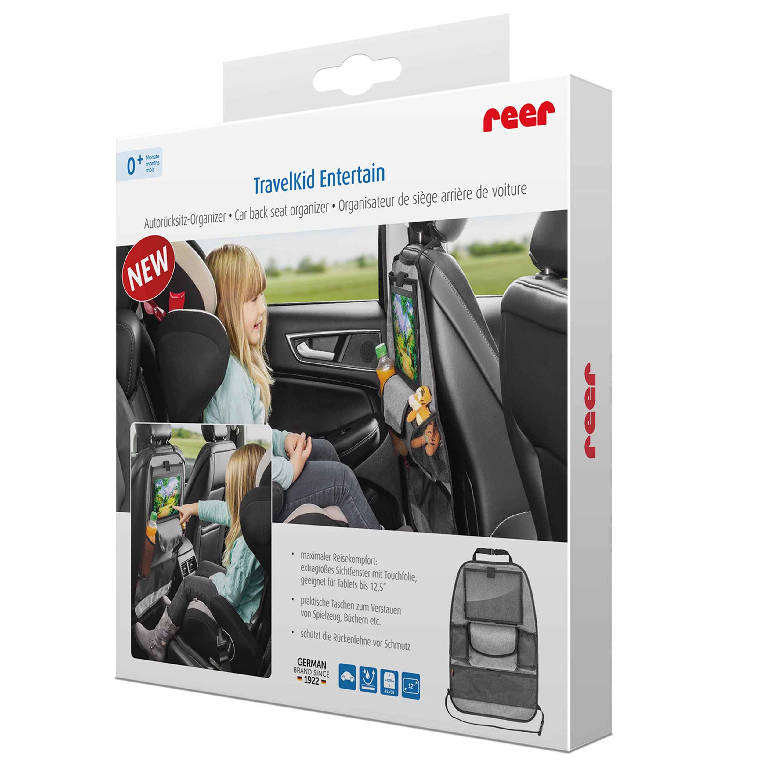 Reer 86051 Organizador para Asiento Trasero De Coche con Compartimento para Tableta, Color Gris, 1000 ml