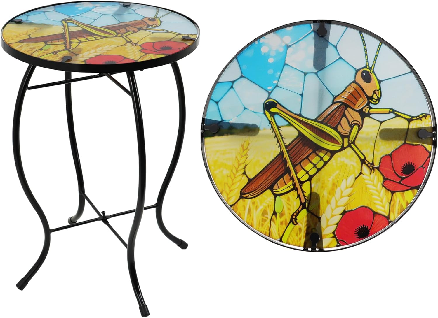 Small Side Table with Metal Frame, 10.5" Round Side Tables with Grasshopper Pattern,Outdoor Table for Balcony,Terrace,Garden,Living Room