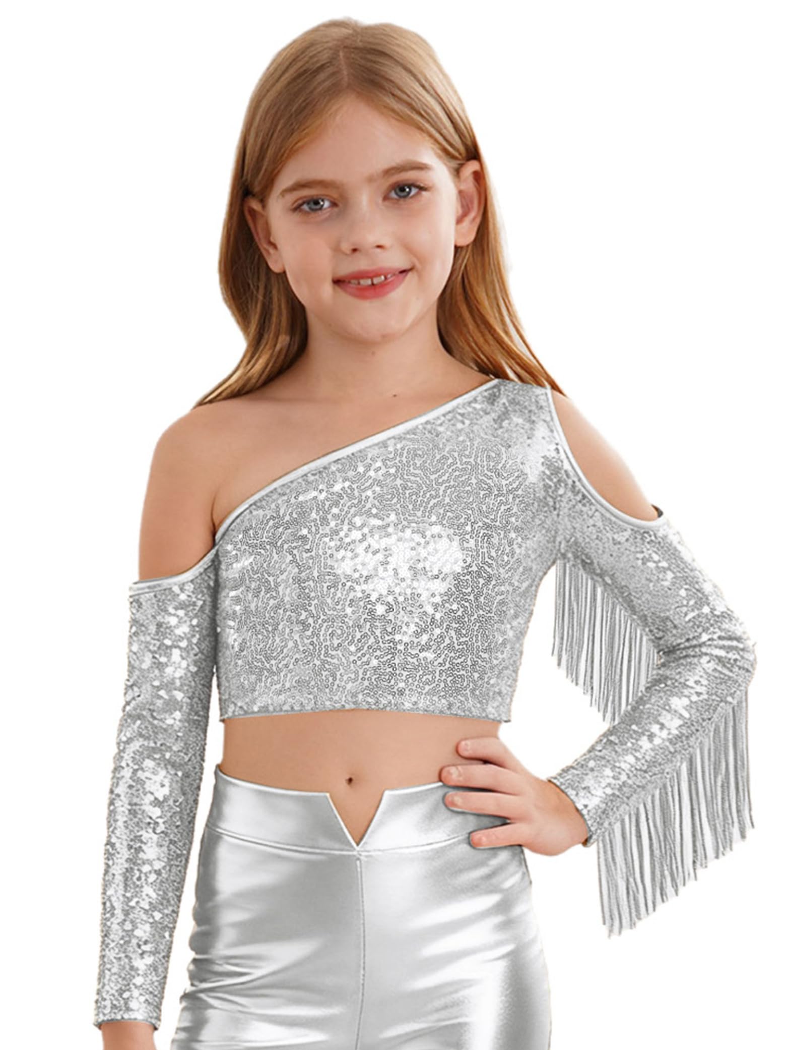 Jugaoge Mädchen Glanz T-Shirt Aushoel Langarmshirts mit Pailletten Crop Top Kurz Bauchfrei Oberteil mit Handschuhe zum Tanz Modern Jazz Outfits