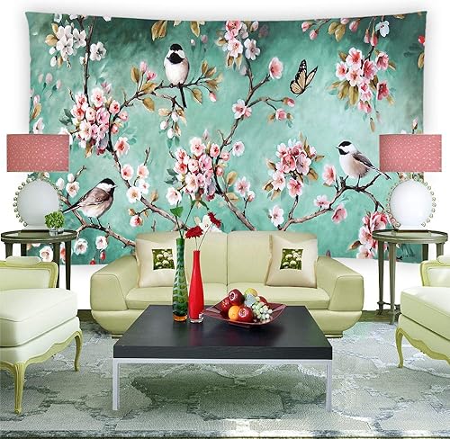 Miniatura 5 de BCNEW Tapiz para colgar en la pared, diseño de flores, pájaros, mariposas, plantas asiáticas, flores y flores, tela de poliéster, decoración de