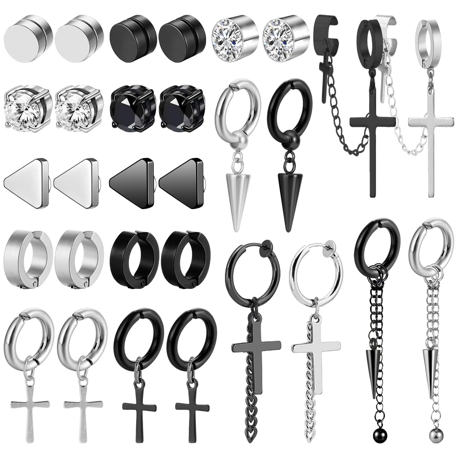 newitin 15 Pairs Magnetic Earrings for Men Stainless Steel Magnetic Earrings Male Clip on Earrings No Piercing Cross Earrings Unisex CZ Hoop Dangle Cross Magnetic Earrings for Men Women Metal Cubic-picture-40