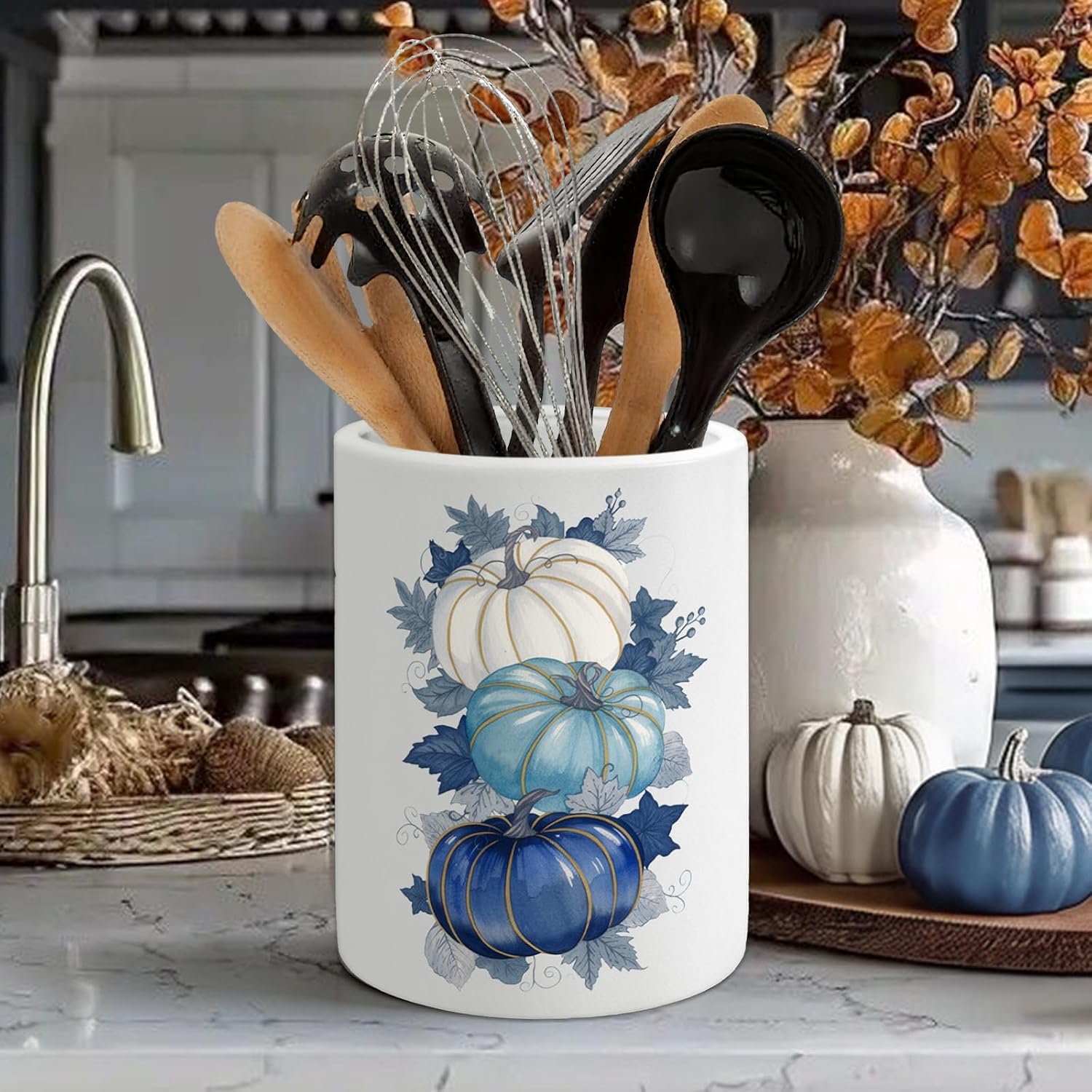 FYSUIMU Fall Kitchen Decor Ceramic Utensil Holder Blue Pumpkin Leaves Utensils Crock for Autumn Thanksgiving Farmhouse Home Kitchen Countertop Organizer Container