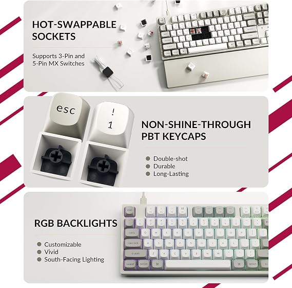 Keychron C1 Pro 8K QMK Custom Wired Mechanical Keyboard, Launcher Support with Hot-Swappable Silent Red Switch TKL Layout, PBT Keycaps Compatible for Mac Windows Linux