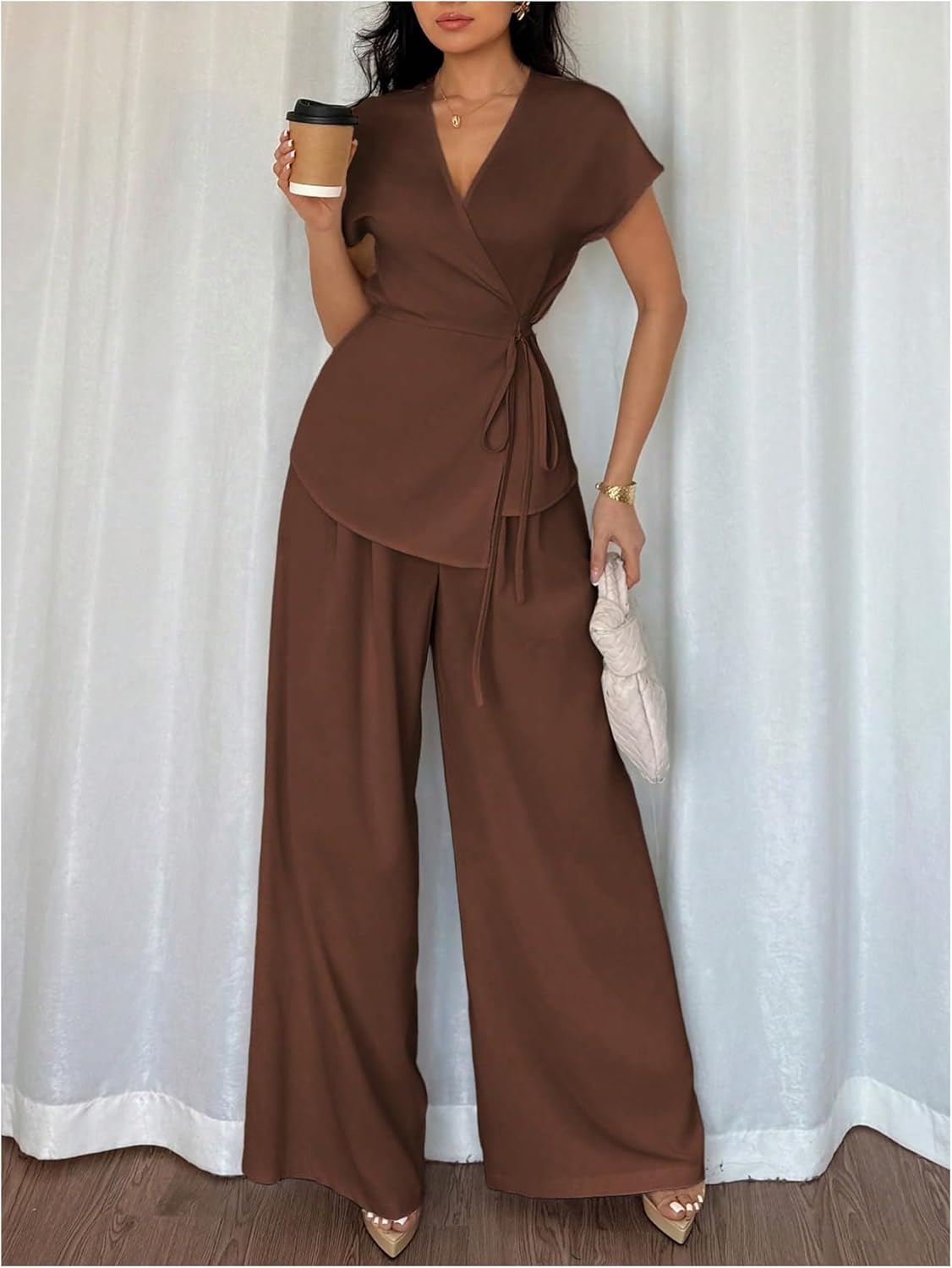 MakeMeChic Women's Elegant 2 Piece Outfits Short Sleeve V Neck Belted Blouse and Pants Clothing Set - Image 5