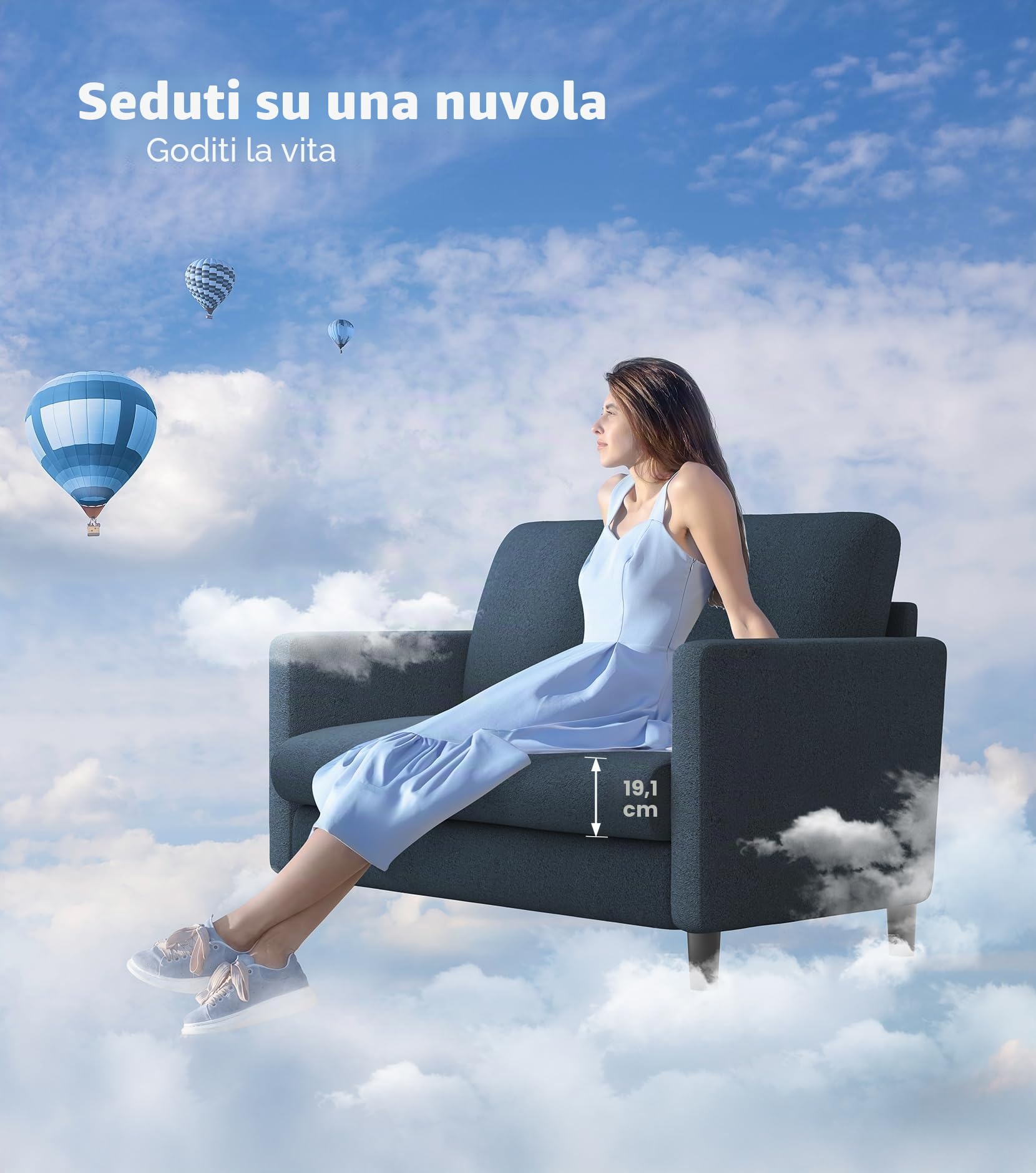 Divano a 2 posti, piccolo, 130 cm, piccolo divano per camera dei ragazzi, non necessita di attrezzi, mini divani, 2 divani e divani in legno massiccio, piccoli divani per soggiorno, blu grigio