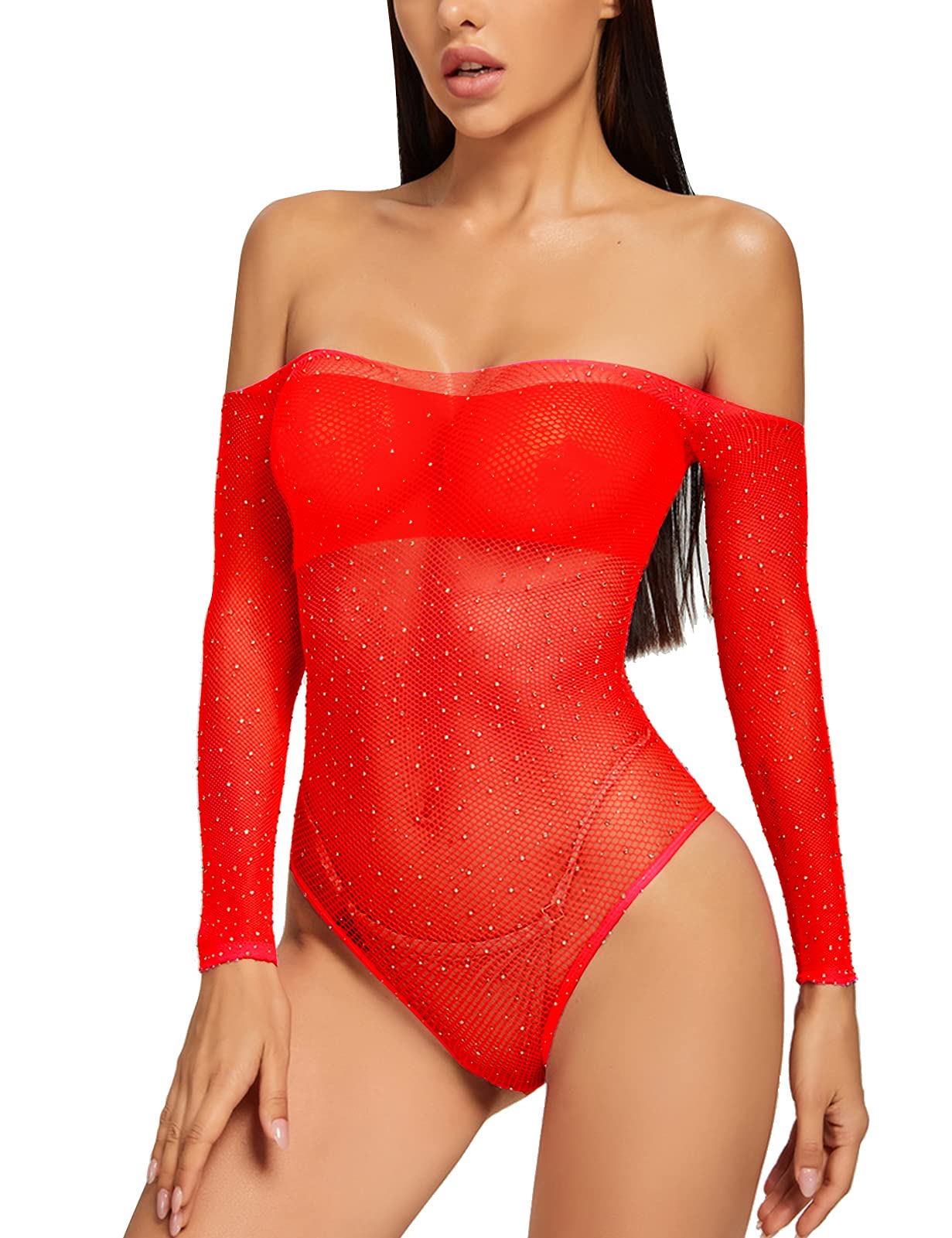 Adove Women Sexy Sparkle Rhinestone Mesh Teddy Fishnet Lingerie One Piece Bodysuit - red - One Size
