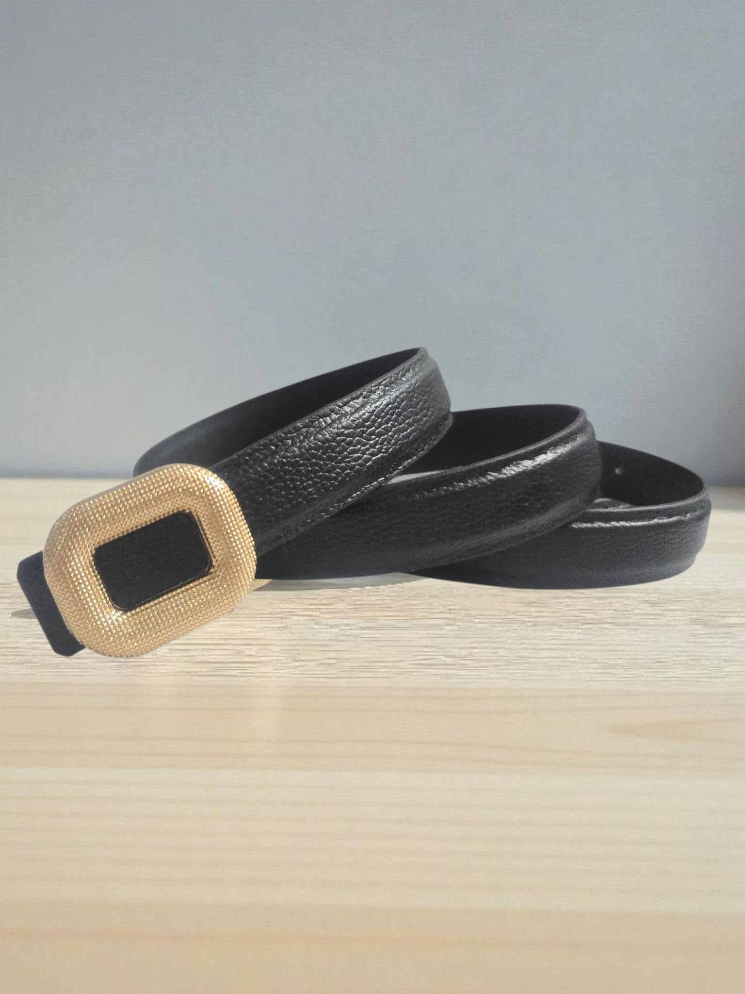 Women Artificial Leather Belt with Gold Rectangular Buckle | Stylish Casual & Formal Waist Belt (4013-BLACK_)-image-41