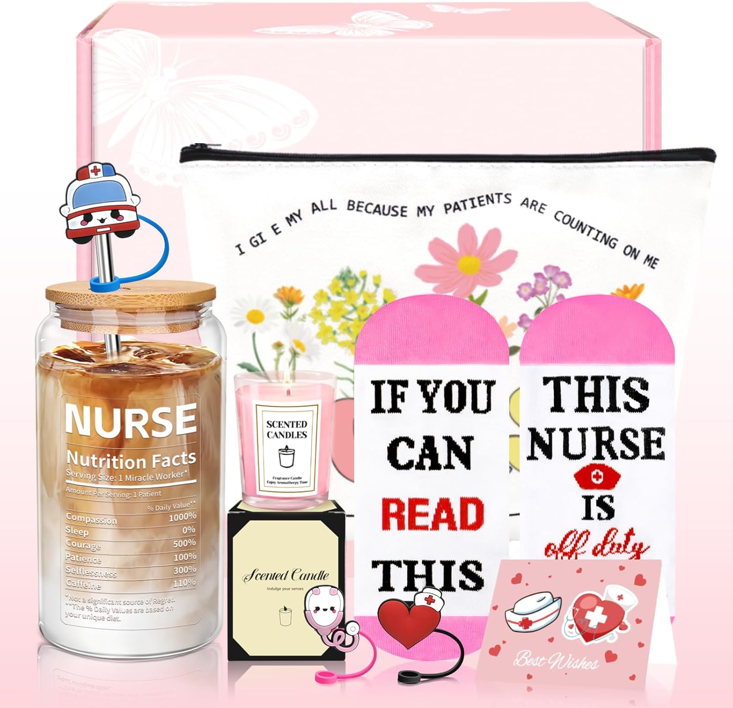 Nurse Gifts for Women, Nurse Valentines Gifts, Nurses Appreciation Gift, Nurses Graduation Gift, Thank You for You Nursing Basket With 16Oz Glass Cup, Socks (Pink)