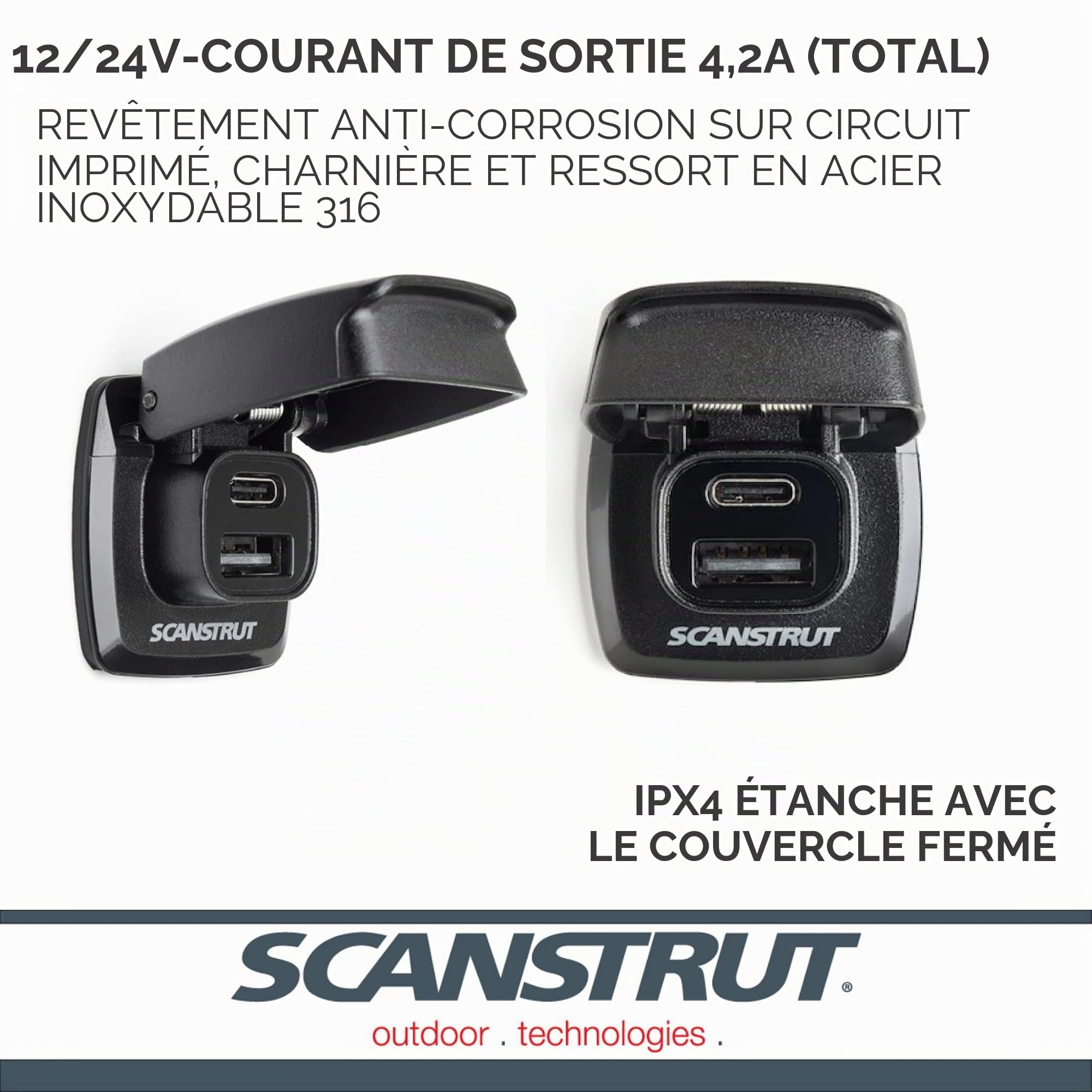 Scanstrut ROKK Flip Pro Chargeur USB – IPX4 étanche Double Port de Charge Rapide USB-A et USB-C | Prise d'alimentation Marine et Camping-Car 12/24 V
