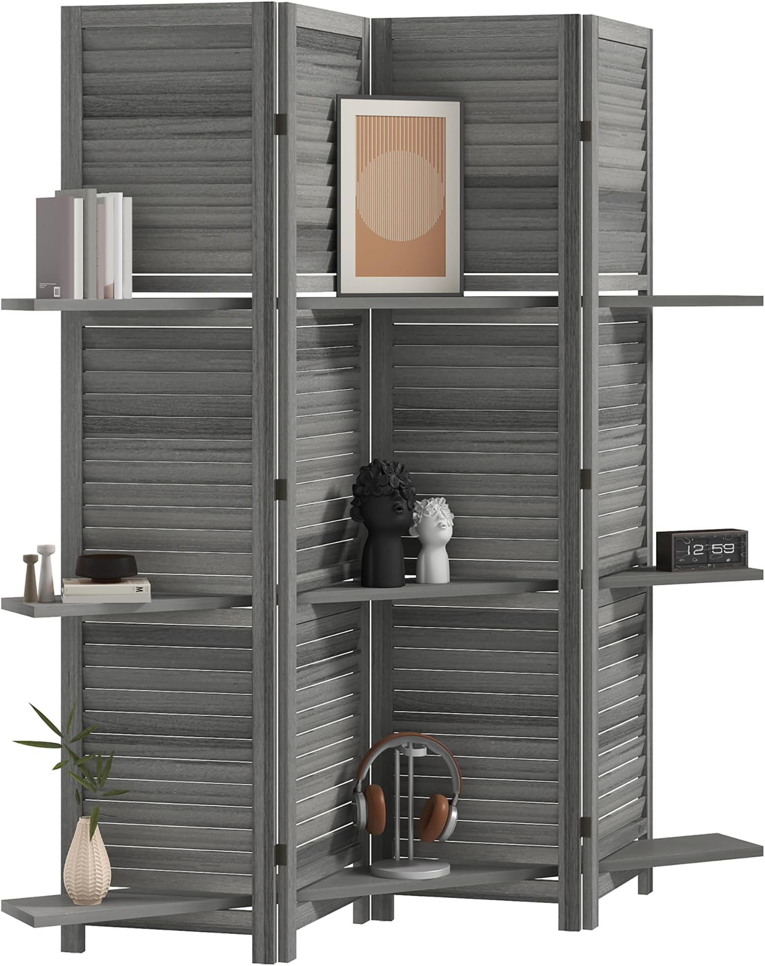 Room Divider, 4 Panel 67" Tall Wood Privacy Screen with 3 Display Shelves, and Folding Storage for Bedroom or Home Office, Gray