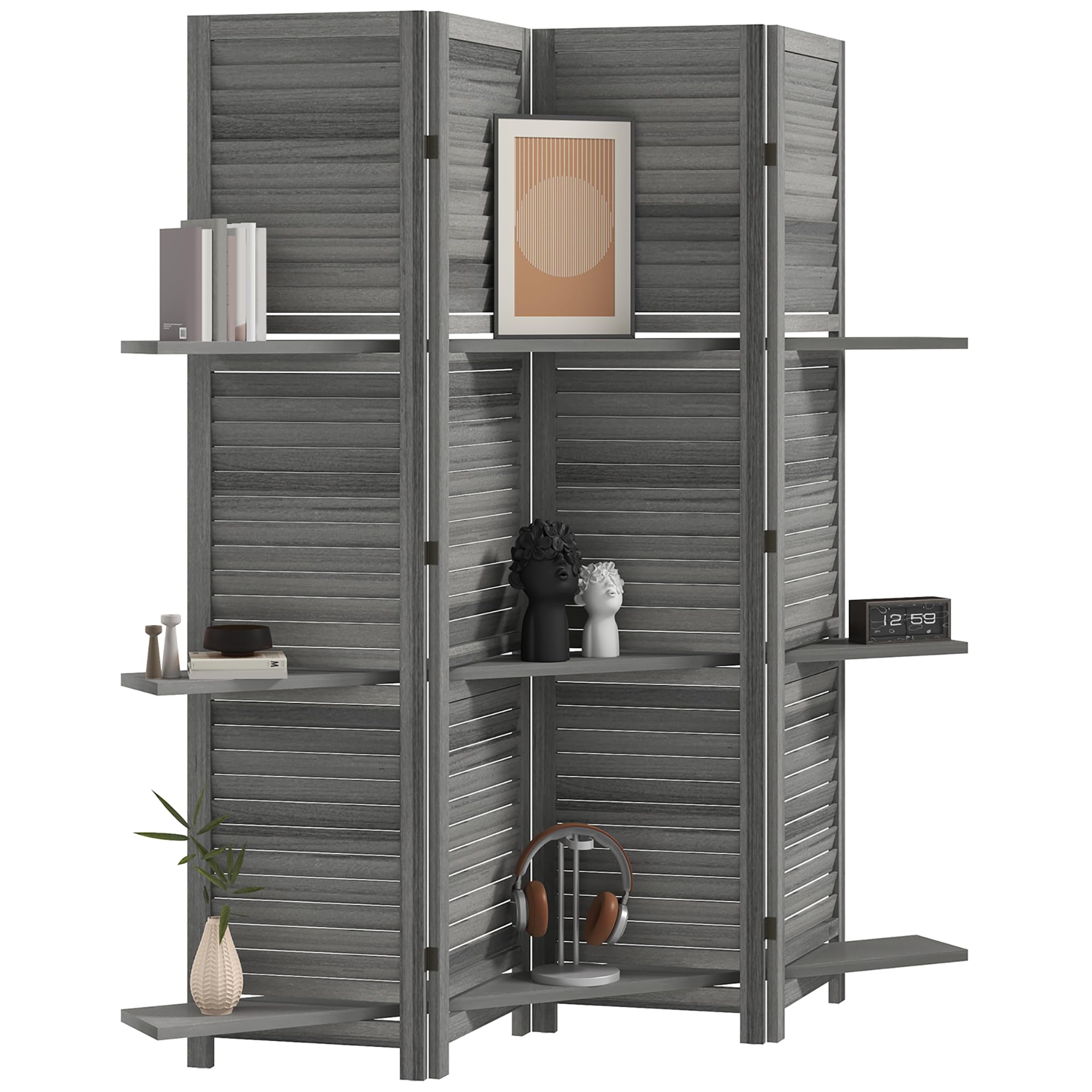 HOMCOM Room Divider with Shelves, 4 Panel, 67' Tall, Gray