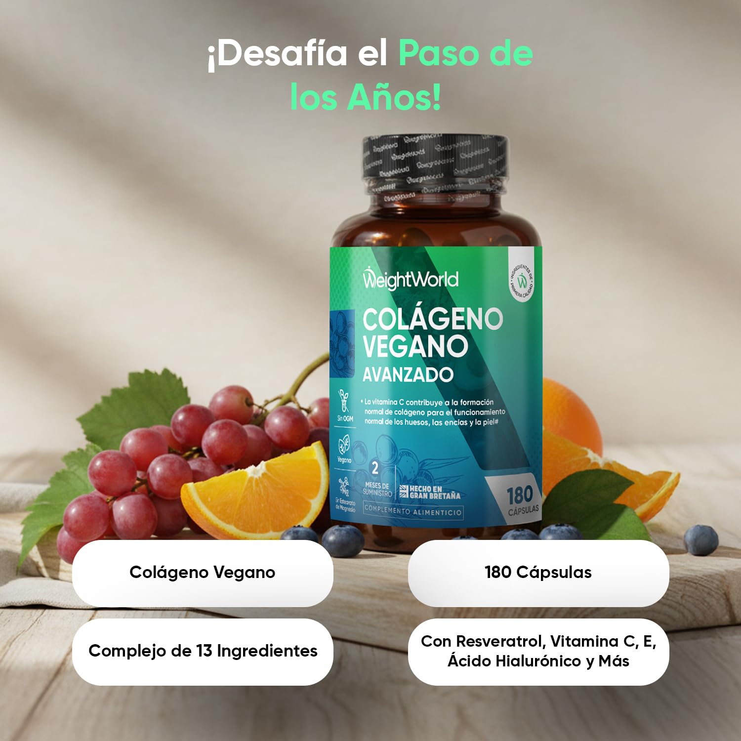 Colágeno Vegano Complex 180 Cápsulas - Suplemento con Resveratrol Natural, Vitamina E, C, Ácido Hialurónico y Zinc - Origen Vegetal y Puro, para 2 Meses