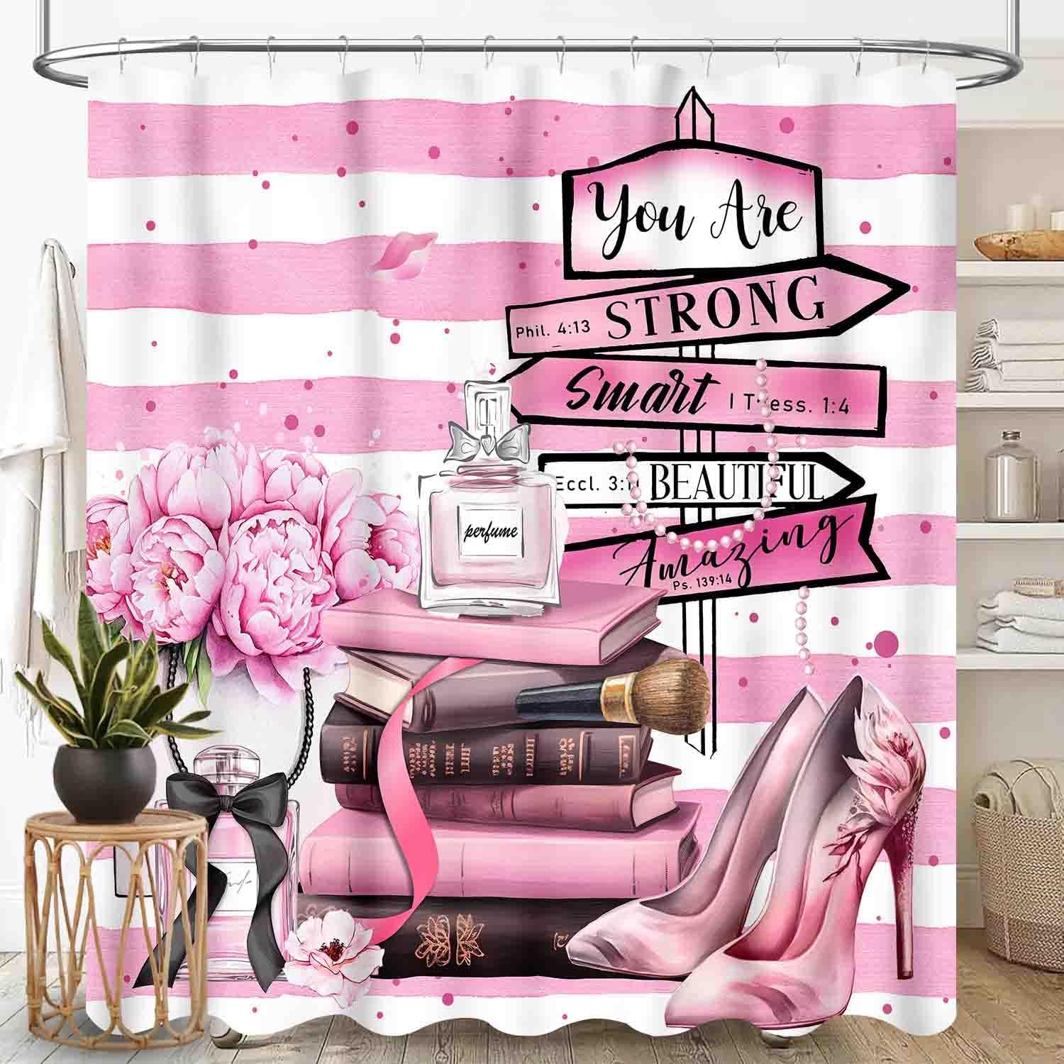Modern Shower Curtain for Bathroom, Pink Stripe Perfume Women High Heels Magazine Books Rose Floral Cosmetics Makeup Modern Romantic Waterproof Fabric Shower Curtain Set with Hooks, 72″x72″ Inch