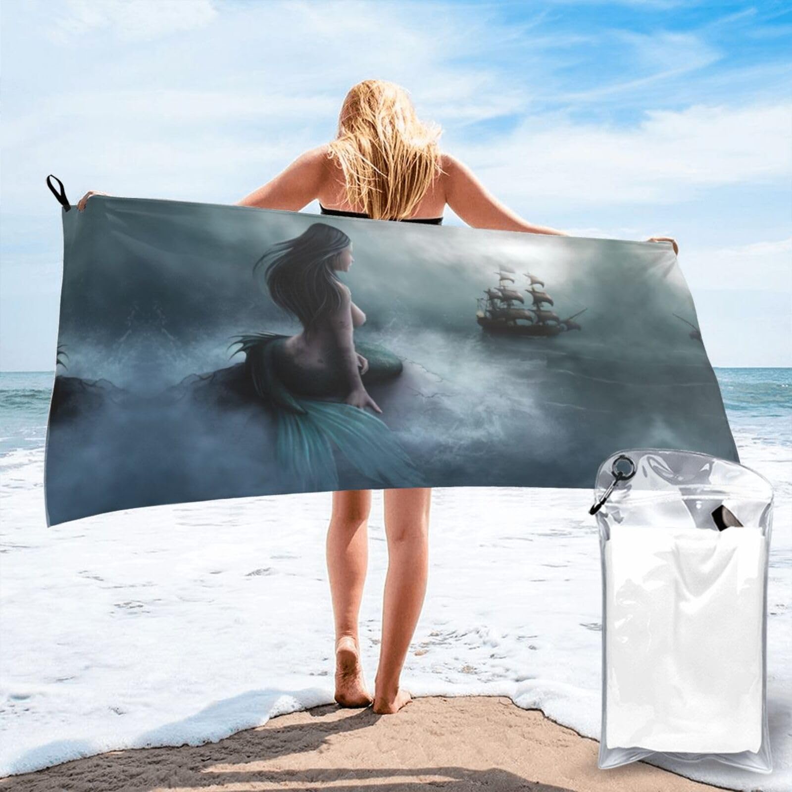KAPPTYY Mermaid Girl And Sailing On Sea Pirate Ship Print Quick Dry Towel Bath Shower Beach Wrap For Gym Vacation Adults