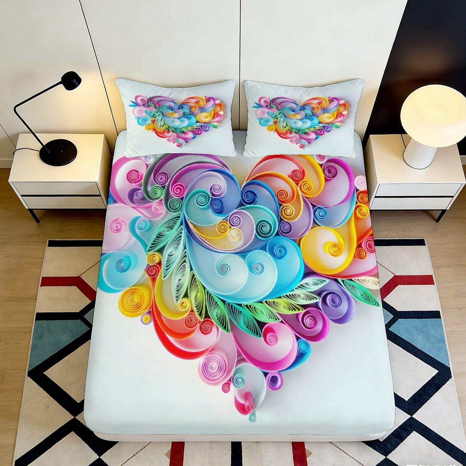Uxinyoume Style-2 3D Printed Colorful Heart Fitted Sheet Microfiber Soft Abstract Swirl Bed Cover For Bedroom Guest Room Decor 90X200x25cm