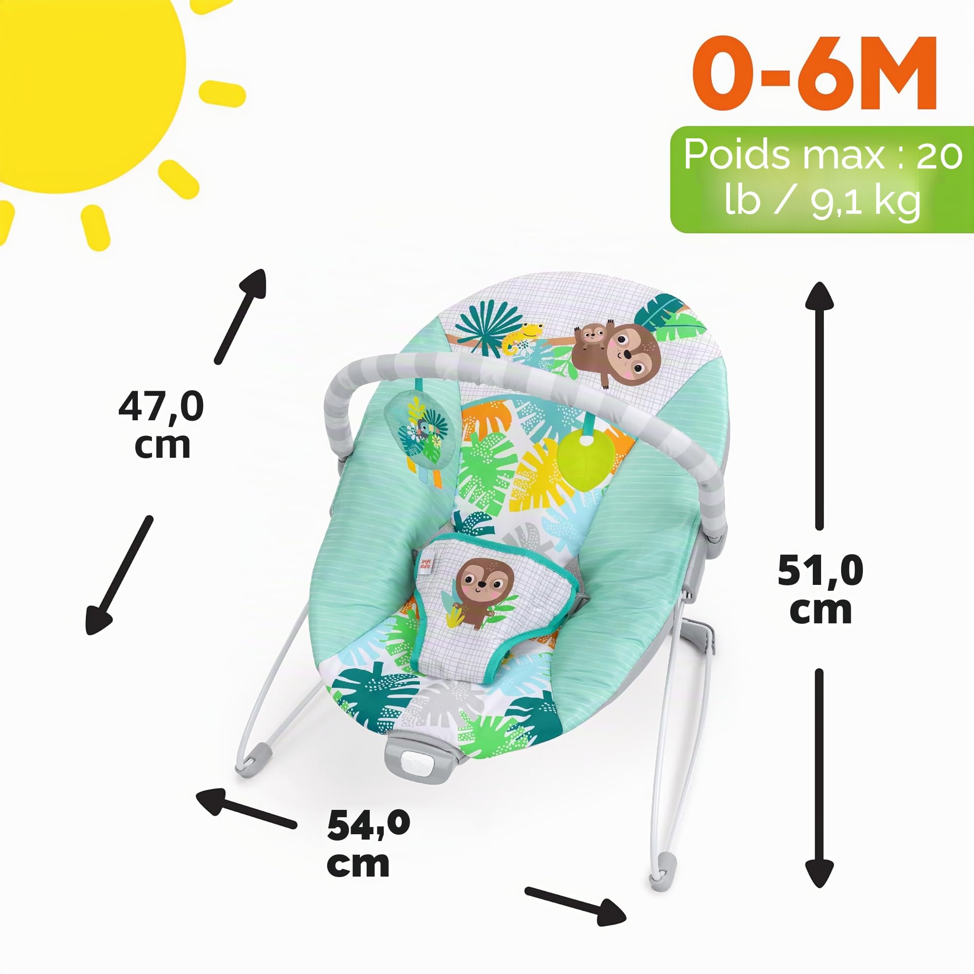 Bright Starts Wild Wonders,Transat Vibrant Bébé avec Arche Amovible et 2 Jouets, Pieds Antidérapants, 0-6 Mois, Jusqu’à 9 kg