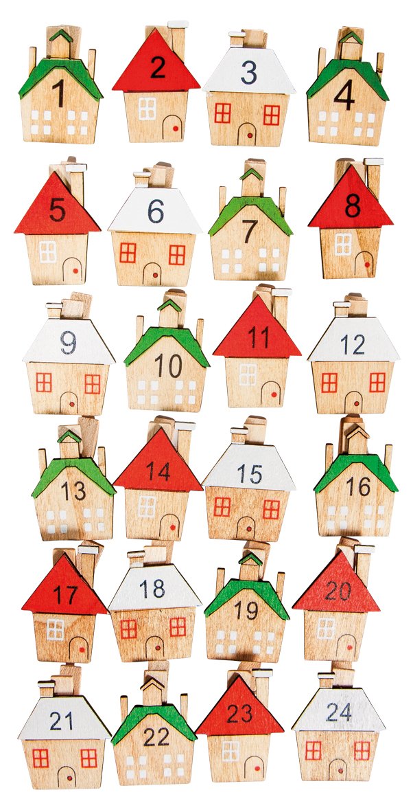 Rayher Red, Green, & White Wooden Pegs With Houses For Advent Calendars, 3X3.5cm Small